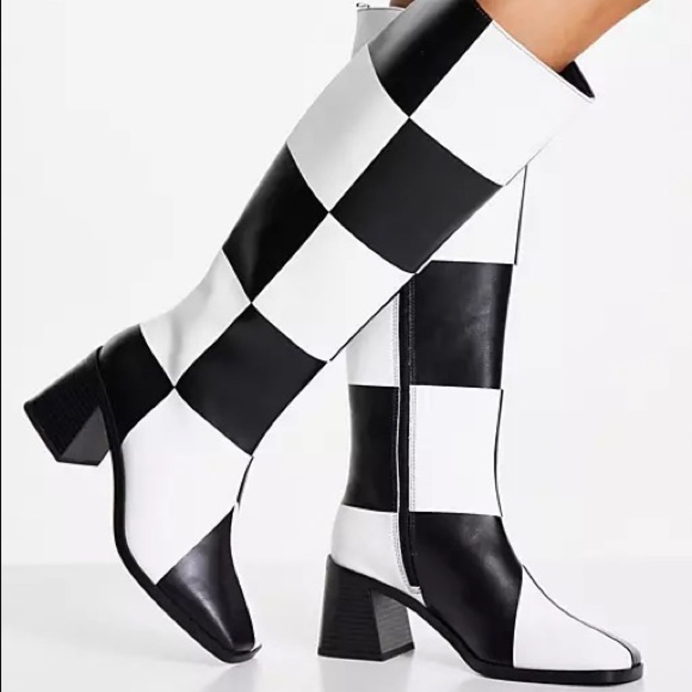 ISO: Monki Polly Checkered Boots vegan checkerboard knee high boots from Asos